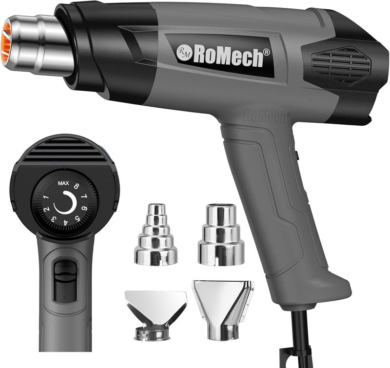 ROMECH 1500W Heavy Duty Heat Gun, Variable Temperature Control Hot Air Gun Kit with 2 Air Flow 120°F~1200°F and 4 Nozzles for Crafts Shrink Wrap (Gray) - Image 1